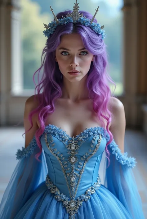    Ultra-realistic photo model sexy woman.Cinderella. purple and fuchsia hair ,  blue ball dress . In the background Moritzburg Castle ,  full body from head to toe ,  looking at the fixed camera  