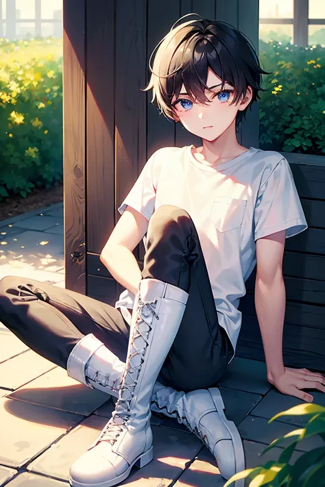 teenage boy in a white shirt and boots, (beautiful eyes), (soft+cute), ((best quality)), ((masterpiece))