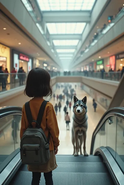 Une fille de 11 ans au cheveux brun coupe au carré mi long se trouve dans un grand centre commercial sur un Escalator elle aperçoit au loin dans la foule, un loup gris du même âge qu’elle, il est debout sur ses deux pattes arrière. Le loup est habillé . Il...