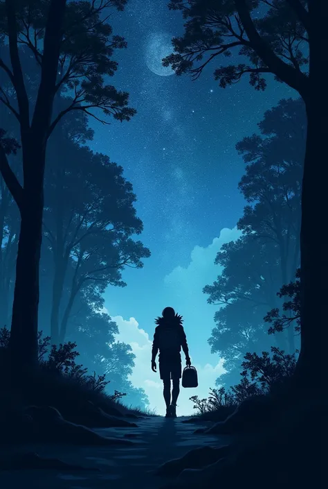 A Determined Traveler on a Starry Night
A lone figure walking briskly through a forest under a sky filled with bright stars, holding a small bag and looking determined.