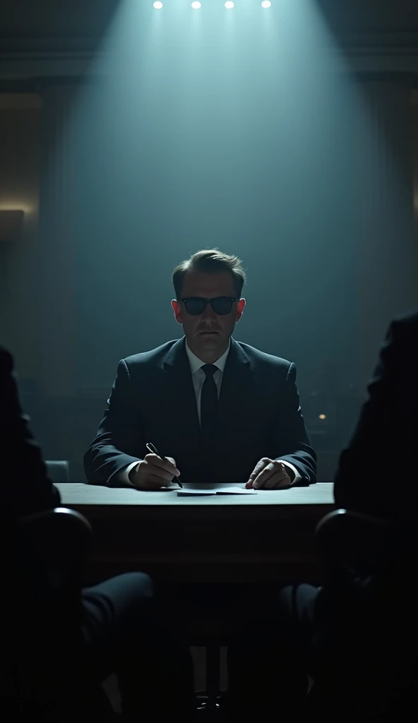 An ultra-secretive government official at a press conference, sitting at a sleek, dark wood table under bright spotlights. The atmosphere is tense and filled with anticipation. The official wears a crisp suit and dark sunglasses, their face almost hidden, ...