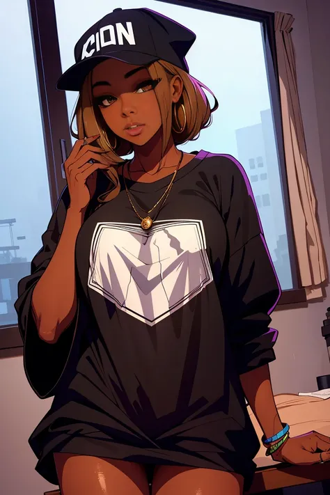 Dark skin young woman in an oversized fuzzy fitted shirt