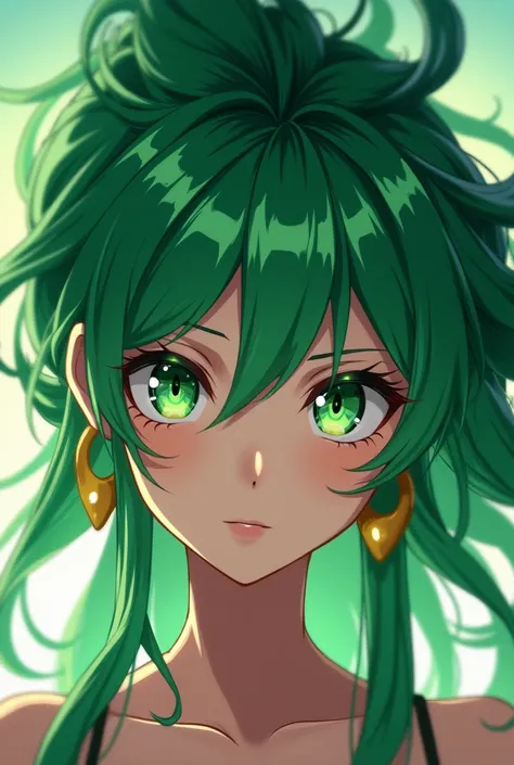 Anime women 
Green hair
Green eyes
Crazy
Gold earings
Cool hairstyle

