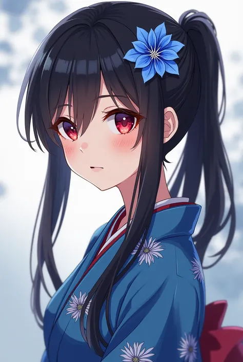 I am a girl, and i am wearing a blue spider lily patterned kimono, and my long black hair was tied with a blue spider lily pin into a ponytail to the right, and my eyes were plum red 