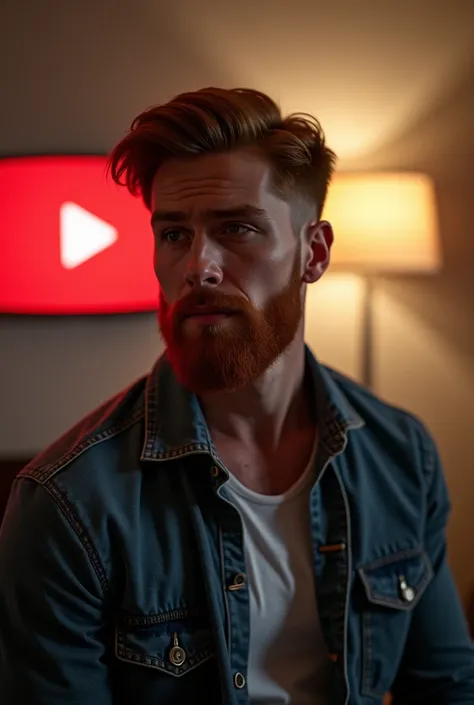 
A 22-year-old man, with a red beard, looking away, with lights behind him, and a YouTube logo.