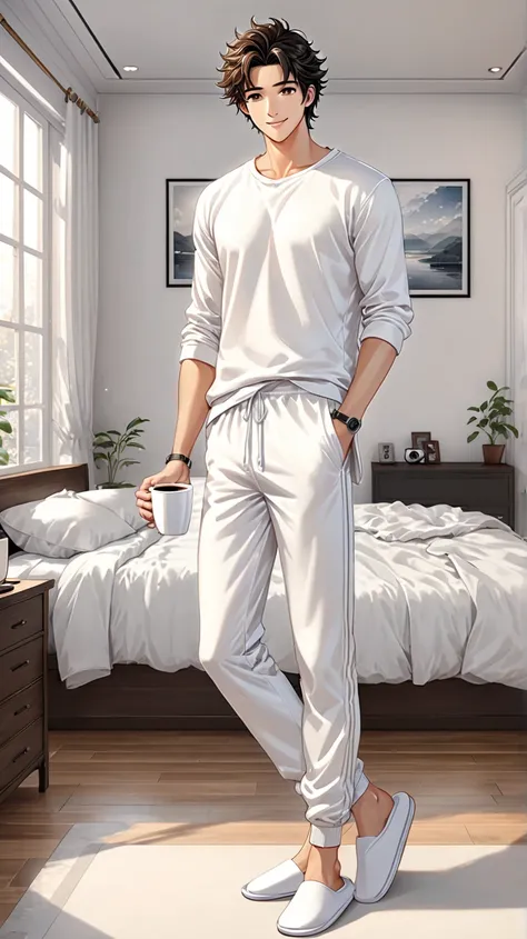 realistic Anime style 1 handsome guy,black semi messy hair, wearing white shirt and white jogging pants white slippers, sleepy eyes charming smile, holding 2 cup of hot coffee in hands, full body shot, bedroom background