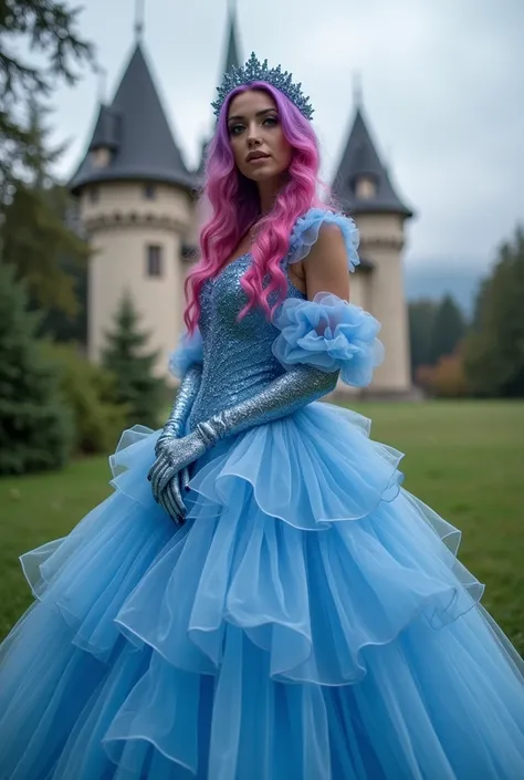 professional full body photography,   Ultra-realistic photo model sexy woman.Cinderella. purple and fuchsia hair ,  blue ball dress . In the background Moritzburg Castle ,  full body from head to toe ,  looking at the fixed camera  