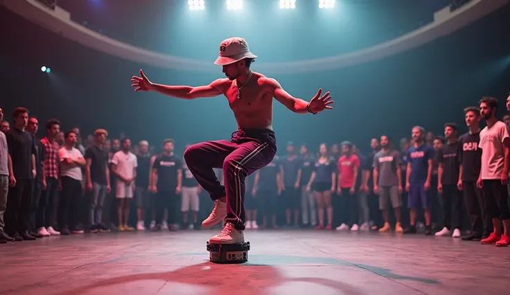 Breakdance champion wears gear and bucket hat from unknown sports manufacturer、 s breakdancing in front of them forming a circle 、 Surreal Photos 。Theres a boom box in the corner 。