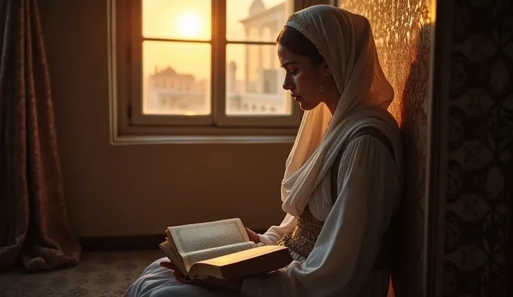 The woman sits alone in a quiet corner of her chamber, her luxurious attire now replaced with simple, modest clothing. A Quran lies open in front of her as she gazes out of a window, where the first rays of dawn illuminate the sky. Her expression is one of...