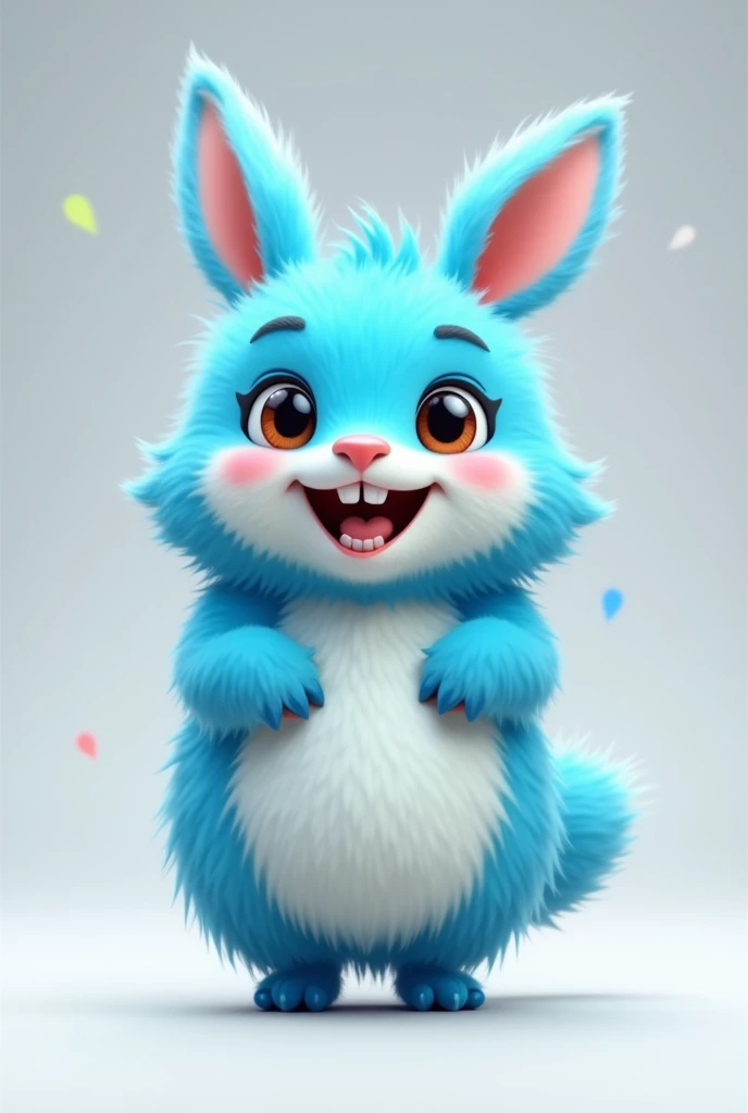 "The animated character design is in the form of a small, shaggy animal, bright blue with a white belly. A cheerful facial expression with big bulging eyes and rabbit teeth sticking out in the middle. The body is round with short arms and legs, has a cute ...