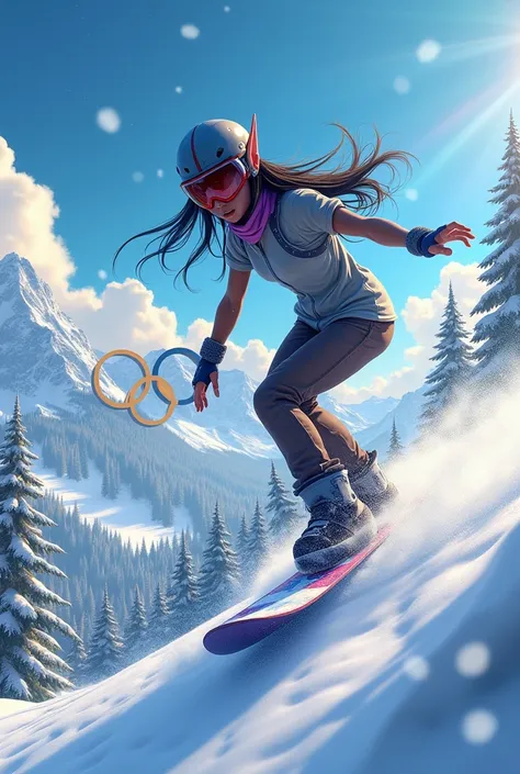 Crees moi une image animée dune elfe de Noël cheveux noire peau noire faisant du snowboard sur le theme des Jeux Olympiques avec les anneaux olympiques en fond