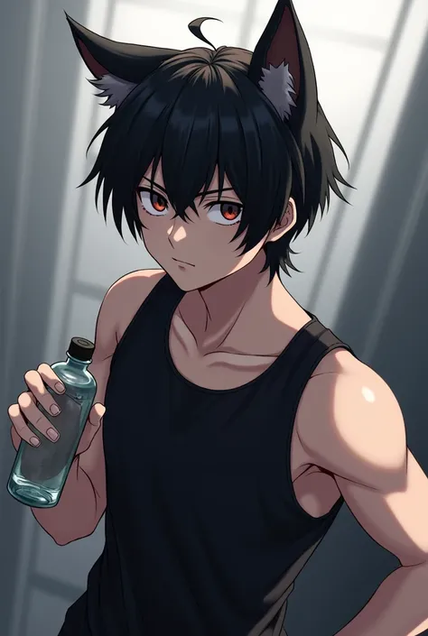 Cat-eared black haired anime guy wearing Black vest holding water bottle and face looking determined 