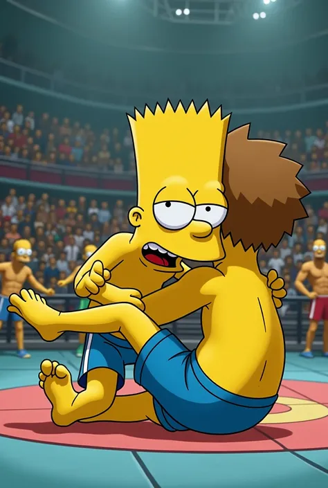 bart simpson (s )usando pantalón corto azul shirtless and barefoot  ,  karate uniform fighting a brown-haired boy (s )wearing black shorts  ,shirtless and barefoot  , at a grappling tournament  , (both on the ground  ,  Bart holding his opponents neck with...