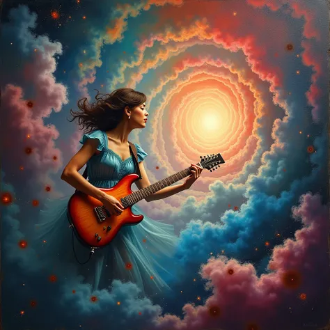 a surrealistic-realism painting, a woman playing electric guitar trapped in space-time, a long time tunnel, full of colorful smoke, hysterical full of dreams with fading lines of reality, inspired by Salvador Dali, captivating composition, center of attent...