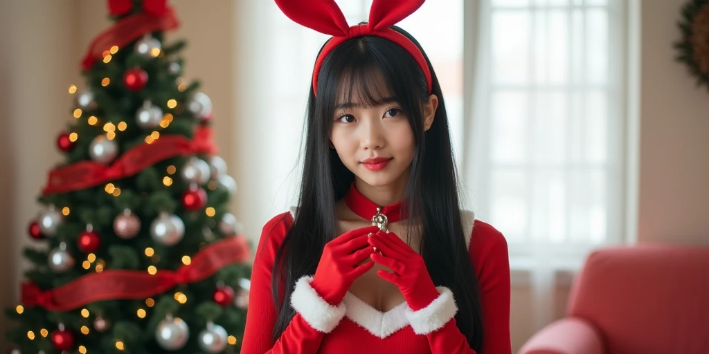 adam_xmas_style,the image is a high-resolution, sfw photograph of a young asian woman dressed in a festive, red and white holiday-themed outfit. she is positioned in the center of the frame, standing in front of a beautifully decorated christmas tree adorn...