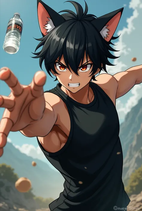 Cat-eared black haired anime guy wearing a Black vest holds a water bottle and throws it