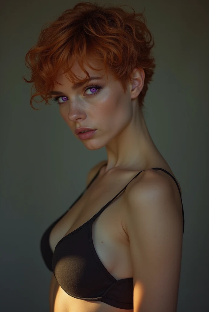 Bisexual girl, with slightly curly boy cut ginger hair and violet eyes, with a peach shaped body, defined abs and a few muscles just right, pale complexion