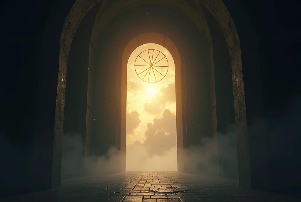  A shadowy doorway leading into a bright, glowing light where symbols of ancient knowledge hover in the air.