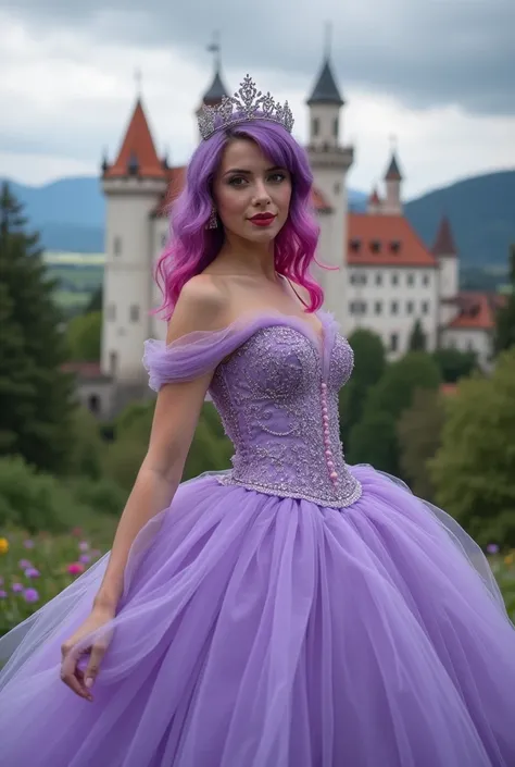 professional full body photography,   Ultra-realistic photo model sexy woman.Cinderella. purple and fuchsia hair ,  Lila ball dress. In the background Moritzburg Castle ,  full body from head to toe ,  looking at the fixed camera  