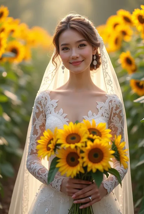 The bride stands radiantly in a stunning wedding gown, her graceful presence filling the garden with an aura of elegance. Her light brown hair is neatly styled in a soft, intricate bun, with delicate strands framing her face. A sheer, sparkling wedding vei...