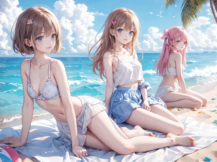  (Nsfw,bare breasts), Four big breasted sisters wearing cute underwear and cute bras、 when you flip through the light blue skirt you can see cute underwear 、 bras sticking to the plains ,  wet white t-shirt 、Soaked T-shirt、White and light blue checkered br...