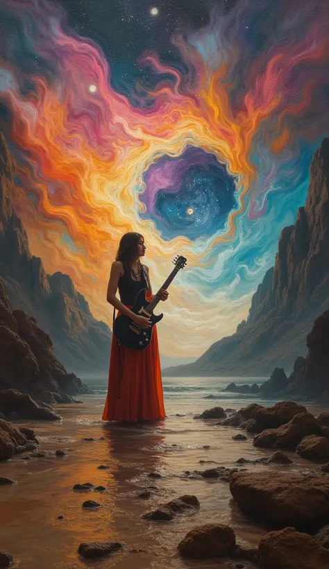 a surrealistic-realism painting, a woman playing electric guitar trapped in space-time, a long time tunnel, full of colorful smoke, hysterical full of dreams with fading lines of reality, inspired by Salvador Dali, captivating composition, center of attent...