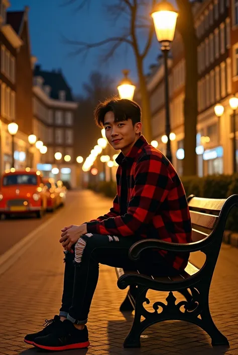 
A nighttime cityscape featuring classic Dutch-style buildings adorned with golden metallic street lamps lined along the road, emitting a warm yellow glow. An orange vintage car is parked on the left side of the street. A young Asian man with short, side-p...