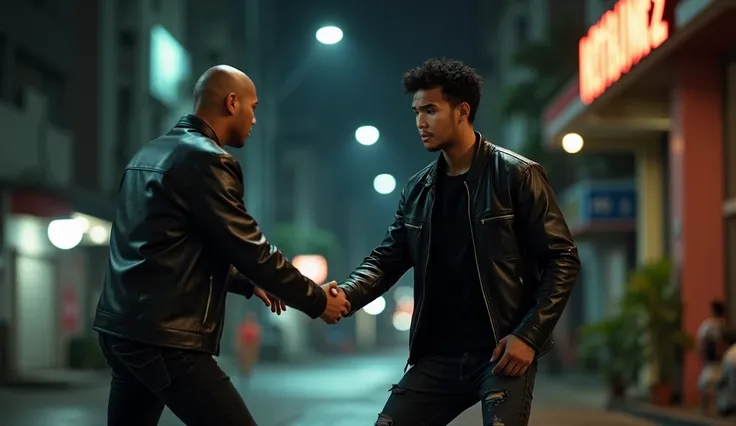 cinematic action closeup of a 25 year old man, Indonesian face, sickpac body, black hair with short curly hairstyle, brown skin, black leather jacket, black t-shirt, black ripped jeans, black sneaker boots, he was hit by a short man, thin body, bald, brown...