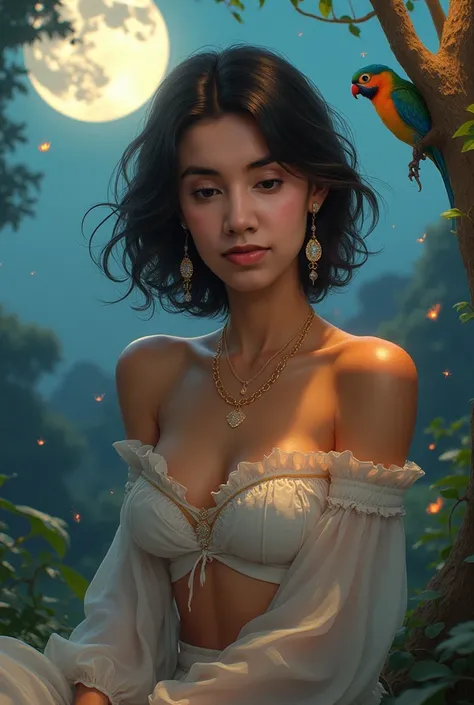 jasmine  1girl, solo, looking at viewer, smile, shirt, bare shoulders, jewelry, sitting, full body, flower, earrings, pants, off shoulder, crop top, makeup, bird, border, moon, full moon, off-shoulder shirt (realistic:1.2), (realism), (masterpiece:1.2), (b...