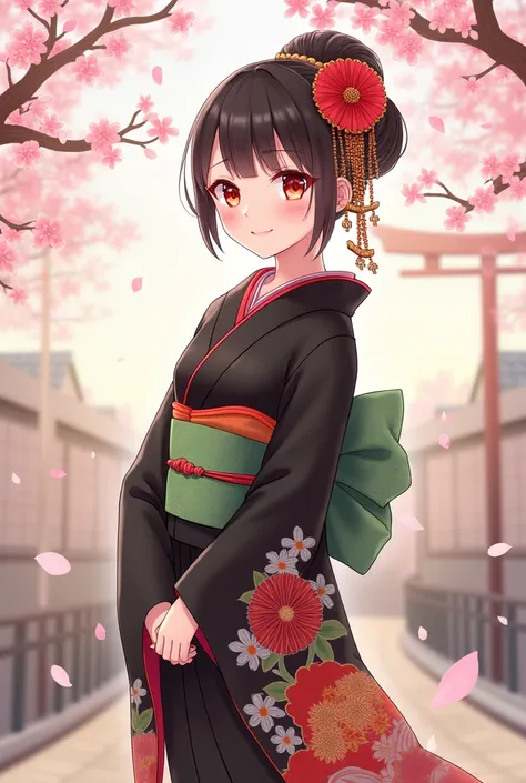 Here’s the revised English prompt:

“A pretty young girl dressed in a traditional Japanese kimono, standing gracefully. She wears a black kimono with vibrant floral patterns in red, white, and orange, paired with a green and red obi. Her hair is styled nea...