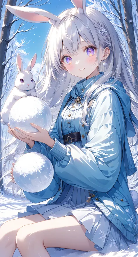 Masterpiece, high quality, high tonal range, high resolution, 16K, KyoAni illustration, background detail, digital painting, hyperrealistic, girl, rabbit, white ears and tail, beautiful face, long eyelashes, fair skin, detailed skin, shiny thin legs, white...