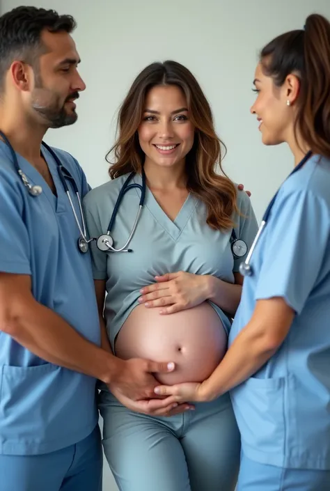  pregnant during labor .  front view, central part of the cover . clear cores,  soft and humanoid style .  small health professionals talking to each other,  surrounding the image of the pregnant woman at the center .  contrasting colors of the central ima...