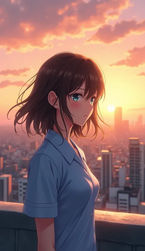 anime style, realistic rendering, a young adult woman with shoulder-length, slightly wavy brown hair, a gentle but tired expression, wearing a light blue nurse uniform, standing on a hospital rooftop at sunset, overlooking a cityscape. Wind gently blowing ...