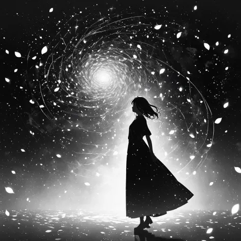 Create a dreamscape where a Japanese schoolgirl stands on a giant sakura petal floating in a starry void. Streams of smaller petals flow from the larger one, forming a spiral galaxy shape. As the petals swirl outward, they transform into twinkling stars an...