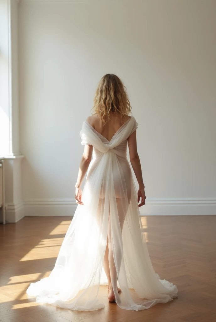 A girl, about 25, with blond, wavy hair, is performing a pas de deux. She is completely nude, wrapped in a white voile fabric. She is in a completely white room with a wide-plank  brown floor. The view is panoramic from the floor. She is in the center of t...