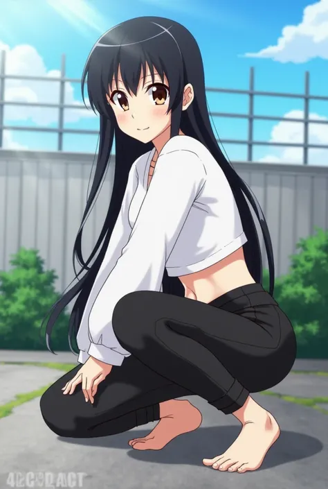 source_anime,score_9,score_8_above, score_7_above, 1 ******,Alone, outdoor,one piece,  mature woman, Boa Hancock,  long hair, very  long hair,  black hair, shiny hair, shirt, crop top, white shirt,  yoga pants , black  yoga pants , squat, stretching, acade...