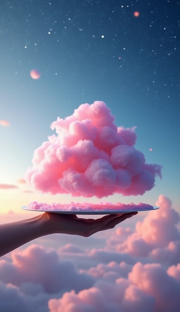 Create an imaginative scene where a cloud resembling a pink dessert is elegantly served on a platter held by a shadowy hand. In this whimsical landscape, the sky transitions from twilight blue to a star-specked canvas, emphasizing the surreal contrast of c...