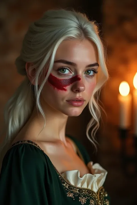 (((a deep reddish wound crosses her left cheek))) fair complexion, woman around 19 years old, natural white hair, distinctive green eyes, wearing kohl, slender and graceful, beautiful, candlelight in a medieval setting, ultra sharp focus, realistic shot, m...