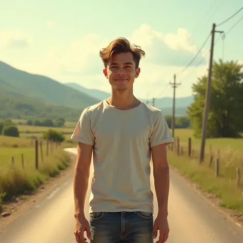 young man tshirt road