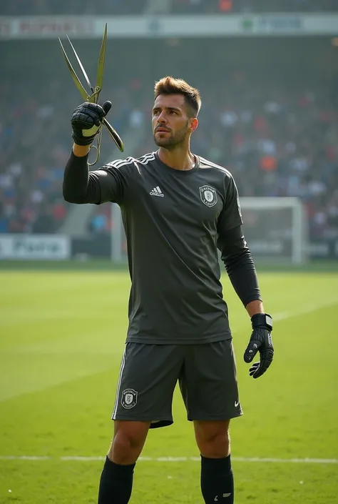 Goalkeeper with hairdressing scissors