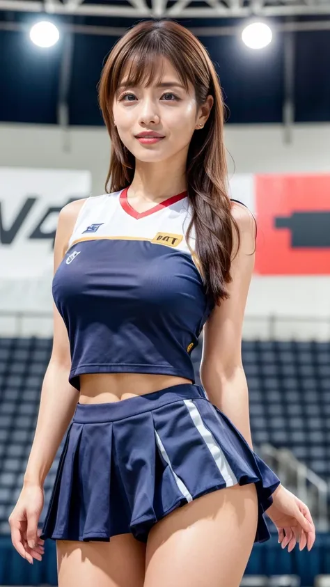 A beautiful young Japanese woman, 20 years old, with perfect anatomy, healthy thighs, beautiful feet, flawless skin, random hair color and style, large bust, (she is standing:1.2), wearing a cheerleader uniform with micro-pleated miniskirt, in a full body ...