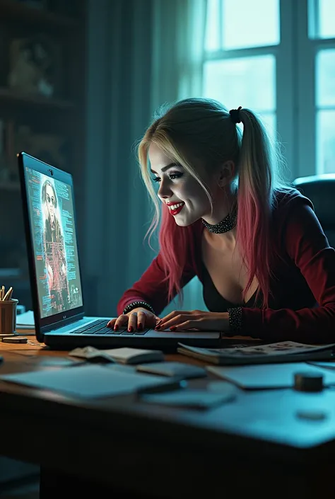 Harley Quinn creeps out from inside laptop