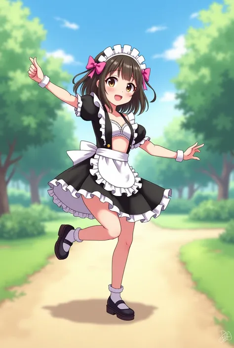 Little Anime chan in an open maid costume dances