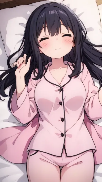 One person,woman, woman, adult-like,大人のwoman,Long legs, slender, slim, slender , black hair, long hair,Big Breasts,pajamas,pants, comments, lying on your back ,lie down, is sleeping, Close your eyes, blushes her cheeks , smiles, bed