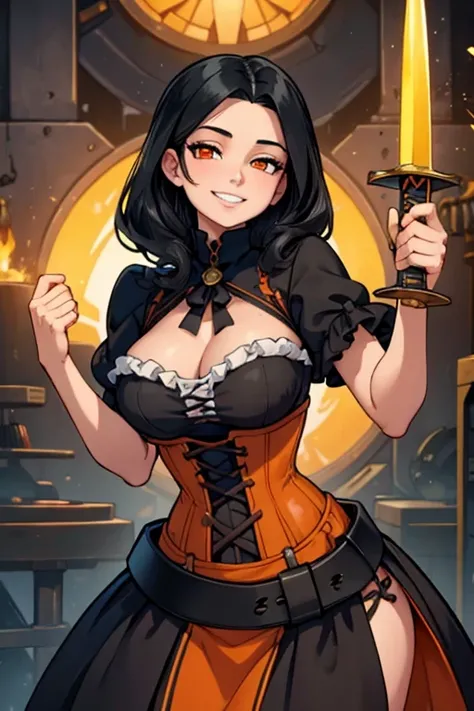 Perfect face. Perfect hands. A black haired woman with orange eyes in a corset dress is making a sword in a workshop with a big smile