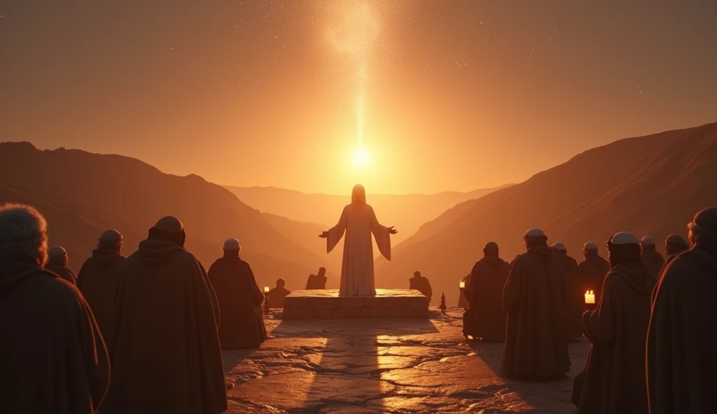 "Create a cinematic, ultra-realistic 16:9 depiction of the sanctification of the Sabbath day, blending divine light with earthly reverence. The scene takes place in a serene, ancient landscape at twilight, with the setting sun casting a golden glow across ...