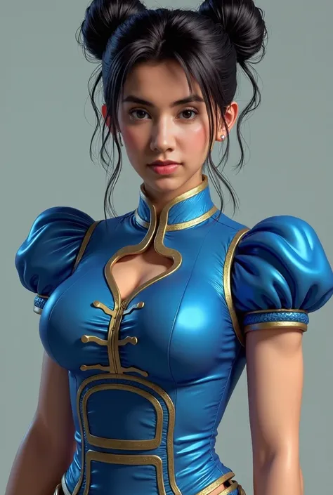 Chun-Li from Street Fight II,perfect chun li costume,Blue cheongsam with gold lines,Bun head,bun cover,fighting pose,masterpiece、1 beautiful girl、fine eyes、puffy eyes、highest quality, 超High resolution, (reality: 1.4), movie lighting、Japanese、asian beauty、K...