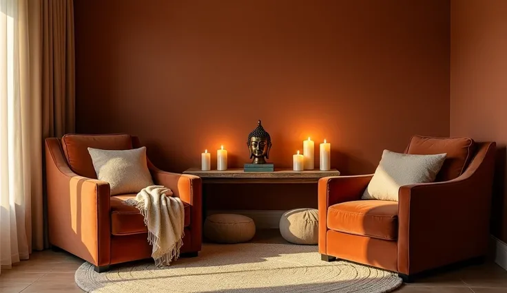 An intimate, tranquil spiritual therapy room bathed in warm, soft amber and terracotta tones. A serene bronze Buddha head sits thoughtfully on a weathered wooden side table, its patina reflecting gentle candlelight. Cream-colored beeswax candles of varying...