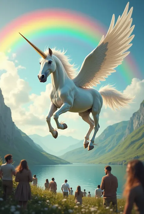  Create an albino unicorn flying over a rainbow, while everyone is staring without believing 