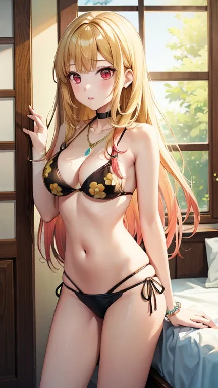   Masterpiece  ,  top quality,  high definition , Mari Kitagawa,  1 girl ,  blond hair ,  long hair, Multicolored Hair, red eyes, gem,  Necklaces ,  choker,  black bikini, floral print,  bracelet ,  side tie bikini bottom,  cowboy shooting, indoor, room,  ...